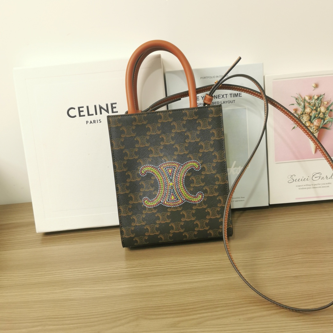 Céline Celine Triomphe Canvas Handbag Brown Black Cloth