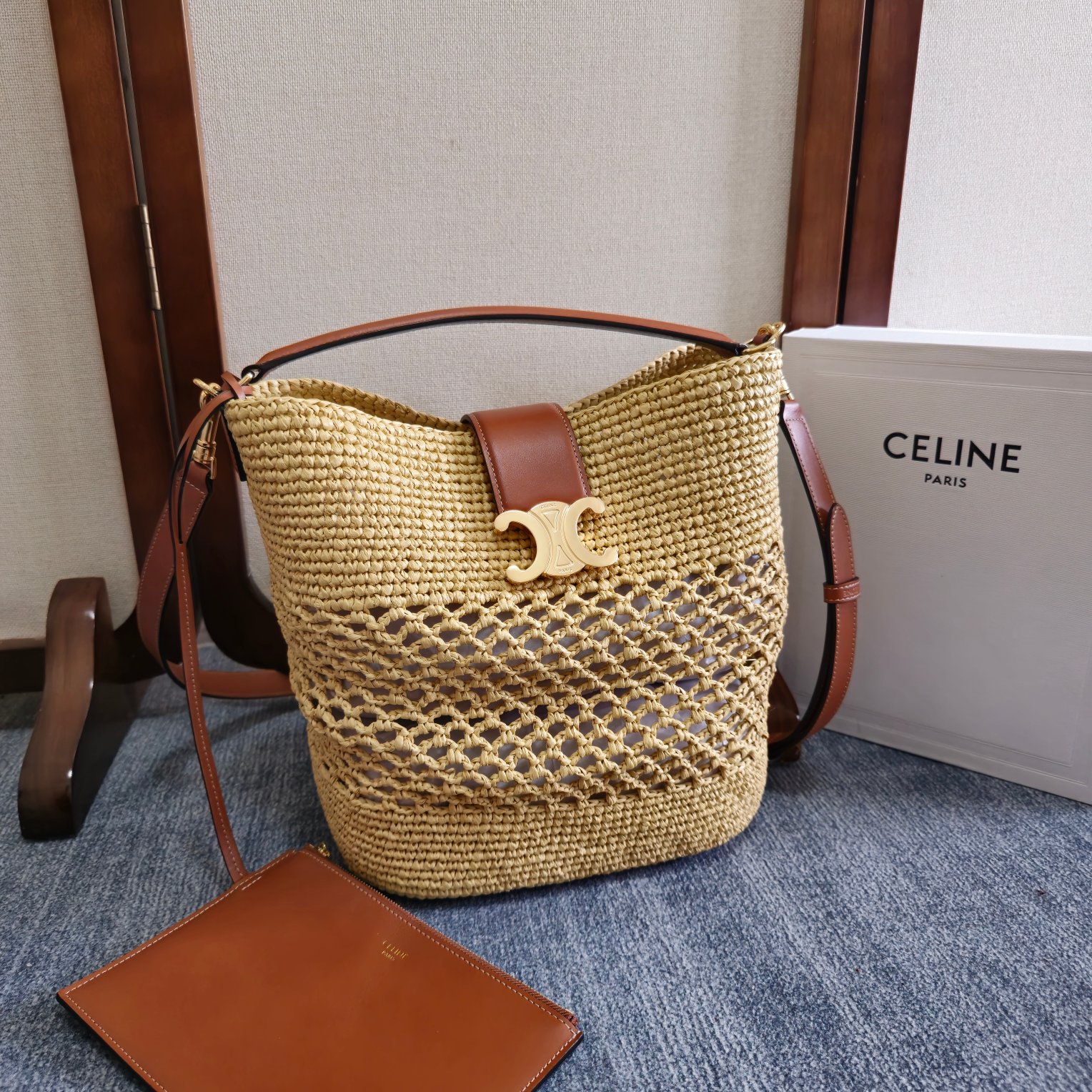 Celine SMALL LOUISE BUCKET IN RAFFIA AND CALFSKIN –