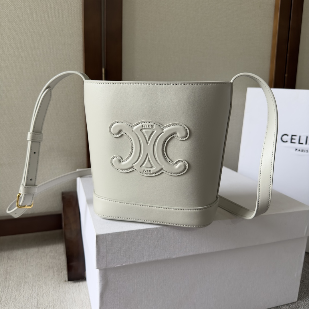 CELINE Grained Calfskin Small Cuir Triomphe Bucket Bag WhitE