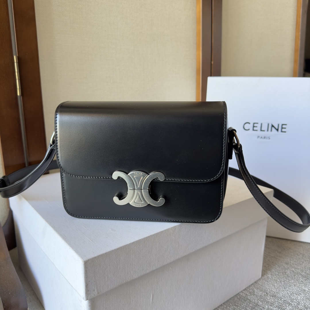 Celine Shiny Calfskin Teen Triomphe Bag In Black