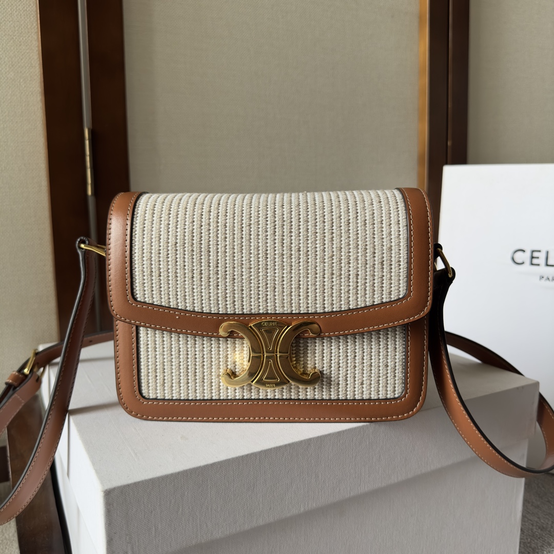 CELINE Canvas Calfskin Medium Classique Triomphe Bag White