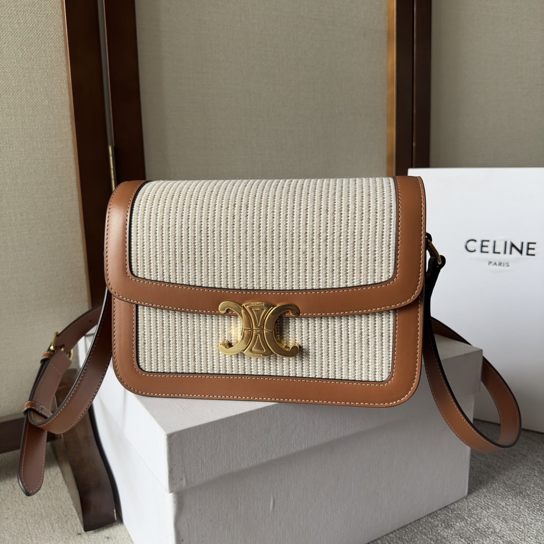 CELINE Textile Natural Calfskin Medium Triomphe Bag White