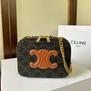 CELINE Triomphe Canvas Calfskin Cuir Box On Chain Tan