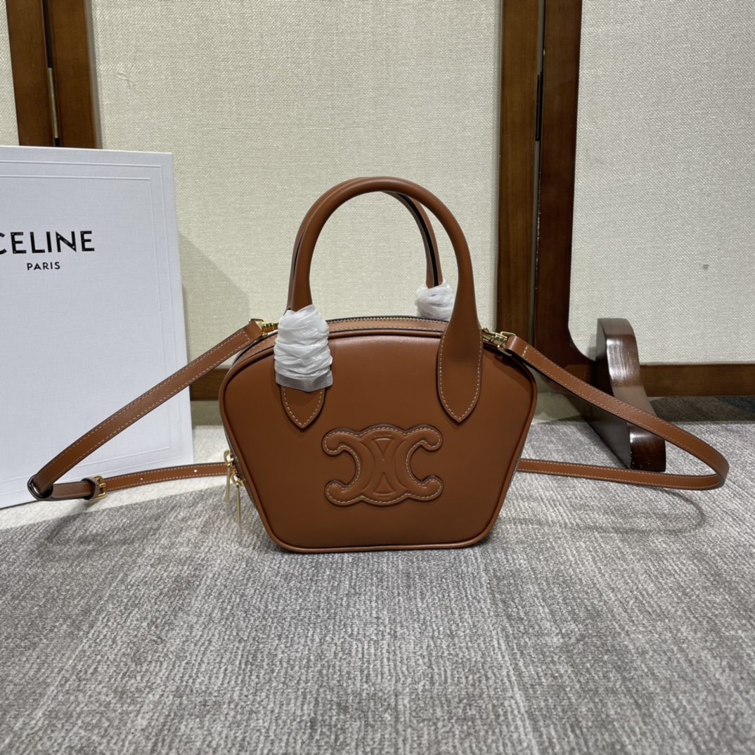 Celine Triomphe Mini Leather Bowling Bag in Brown