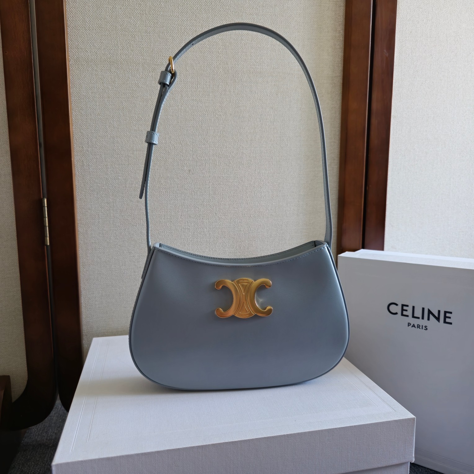 Celine Medium Tilly Bag In Shiny Calfskin Pale Blue Platinum