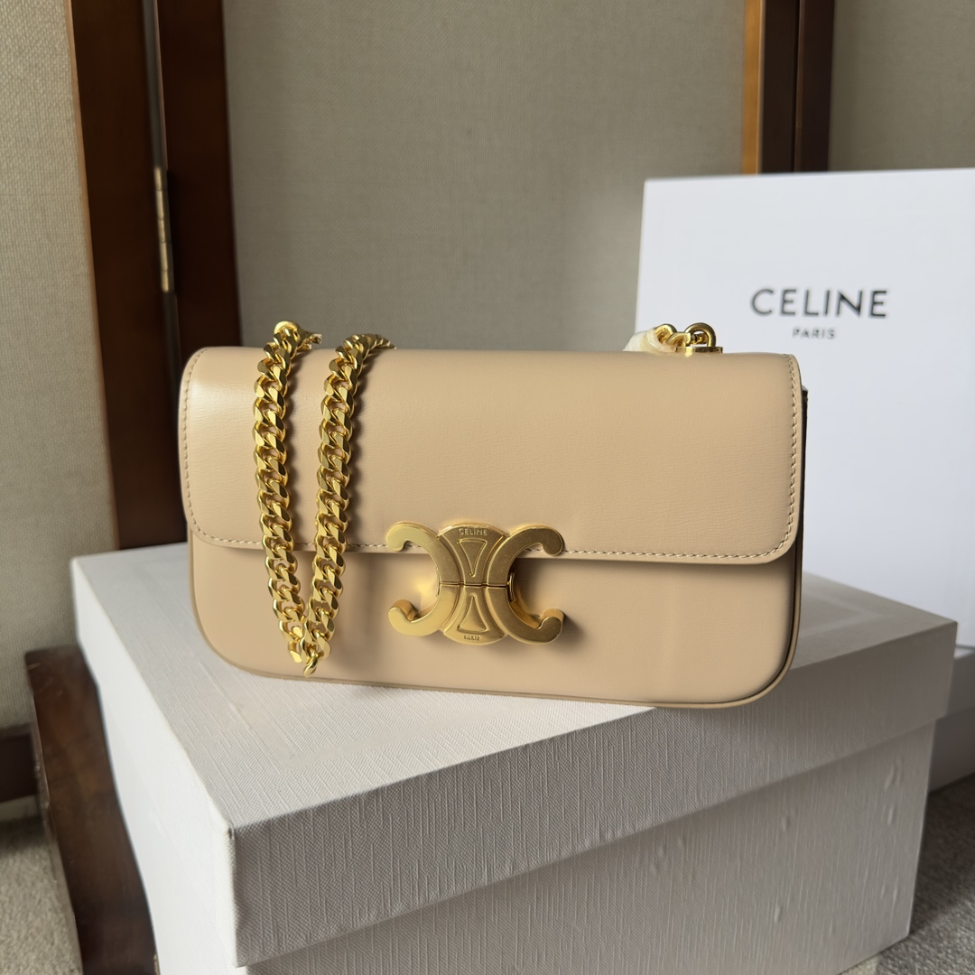 CELINE BEIGE CALFSKIN CHAIN TRIOMPHE SHOULDER BAG |
