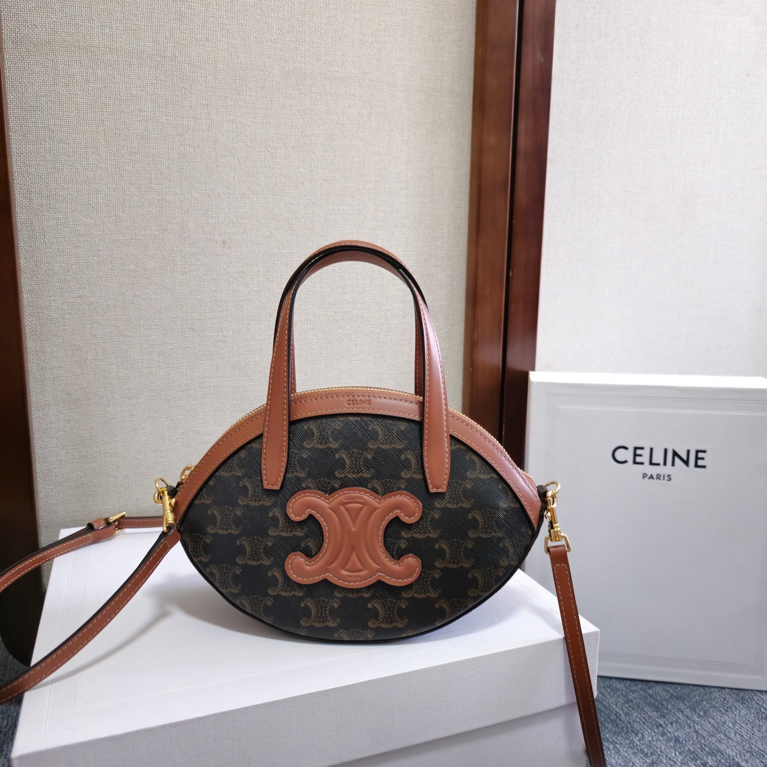 Celine HALF MOON CASE IN triomphe canvas and calfskin – TAN