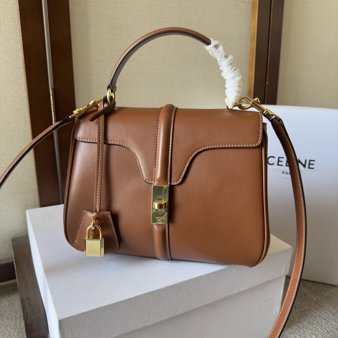 CELINE Satinated Calfskin Small 16 Top Handle Bag Tan 1639494