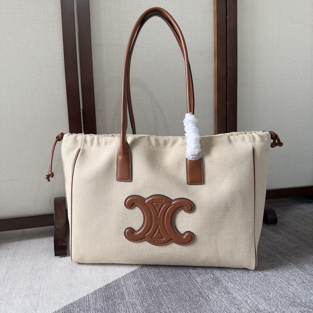 CELINE Canvas Calfskin Cuir Triomphe Cabas Drawstring Natural Tan 1259077