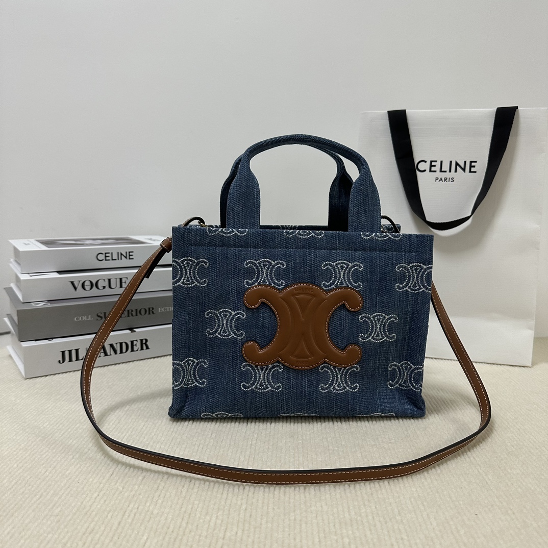 CELINE Canvas Calfskin Triomphe Print Small Cabas