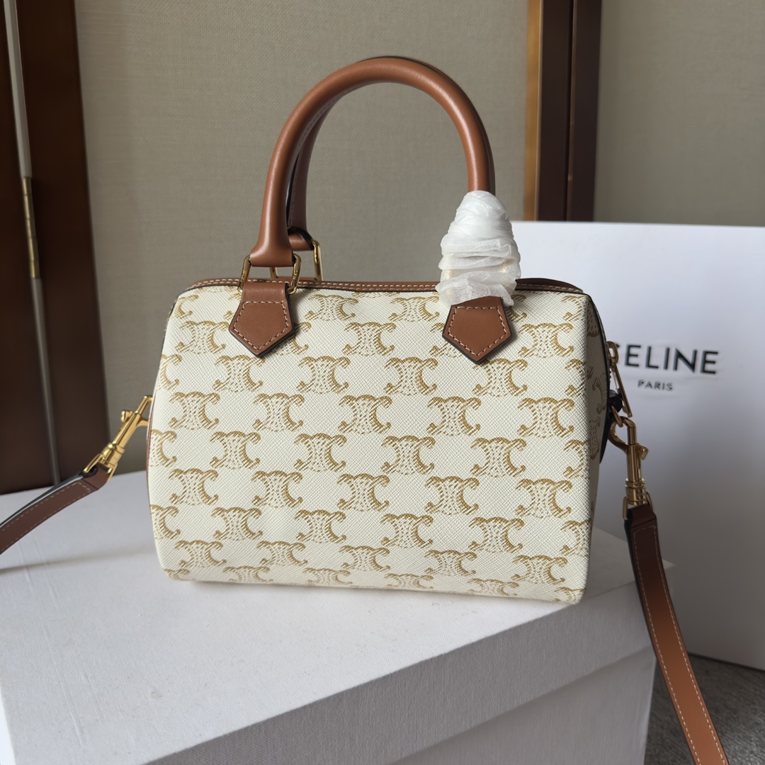 CELINE Triomphe Canvas Calfskin Small Boston Bag White
