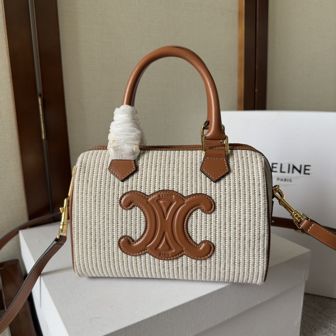 Celine SMALL BOSTON IN STRIPED TEXTILE AND CALFSKIN – BEIGE
