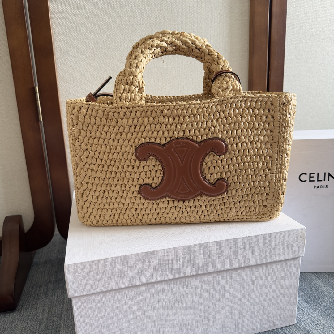 Celine Cabas Thais Handbag Beige mix Brown Plant Material