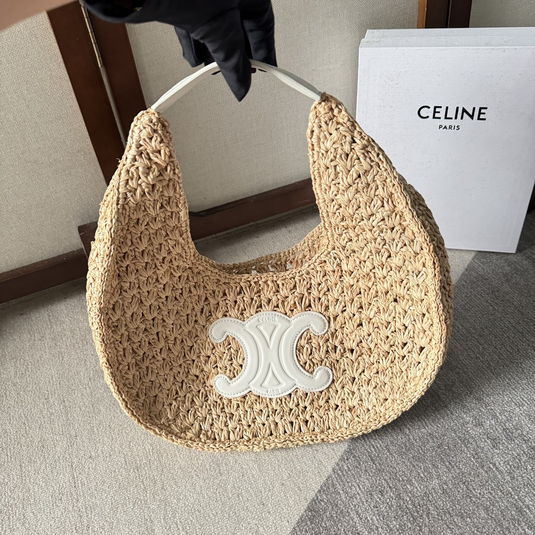 Celine CELINE CLASSIC PANIER HOBO BAG IN RAFFIA AND CALFSKIN