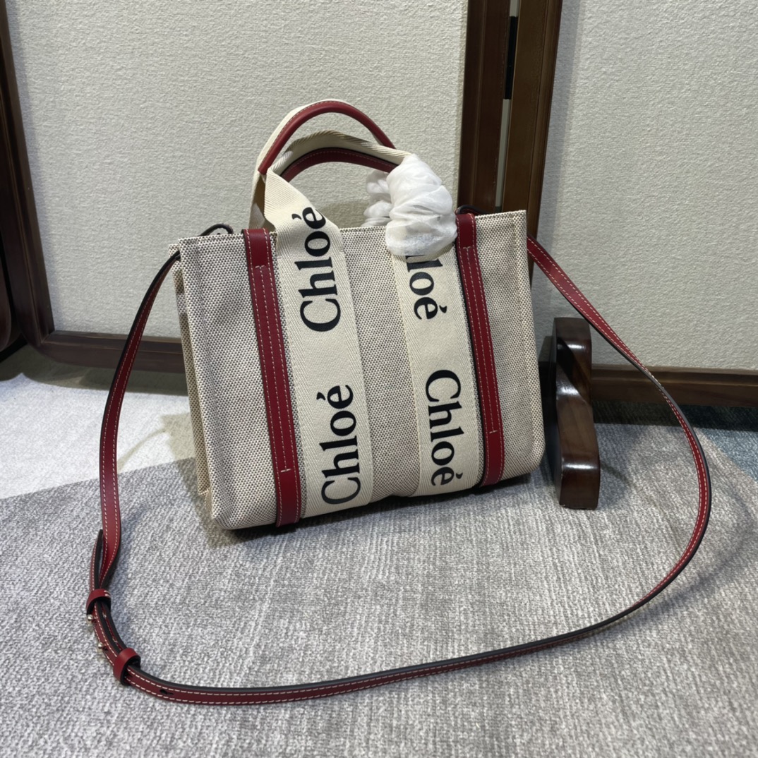 Chloé Small Woody Logo Strap Linen Tote