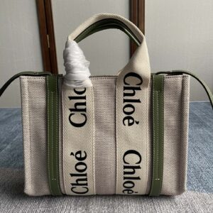 CHLOE Cotton Calfskin Medium Woody Ribbon Tote White Green 1674936