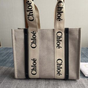CHLOE Cotton Calfskin Medium Woody Ribbon Tote White Blue