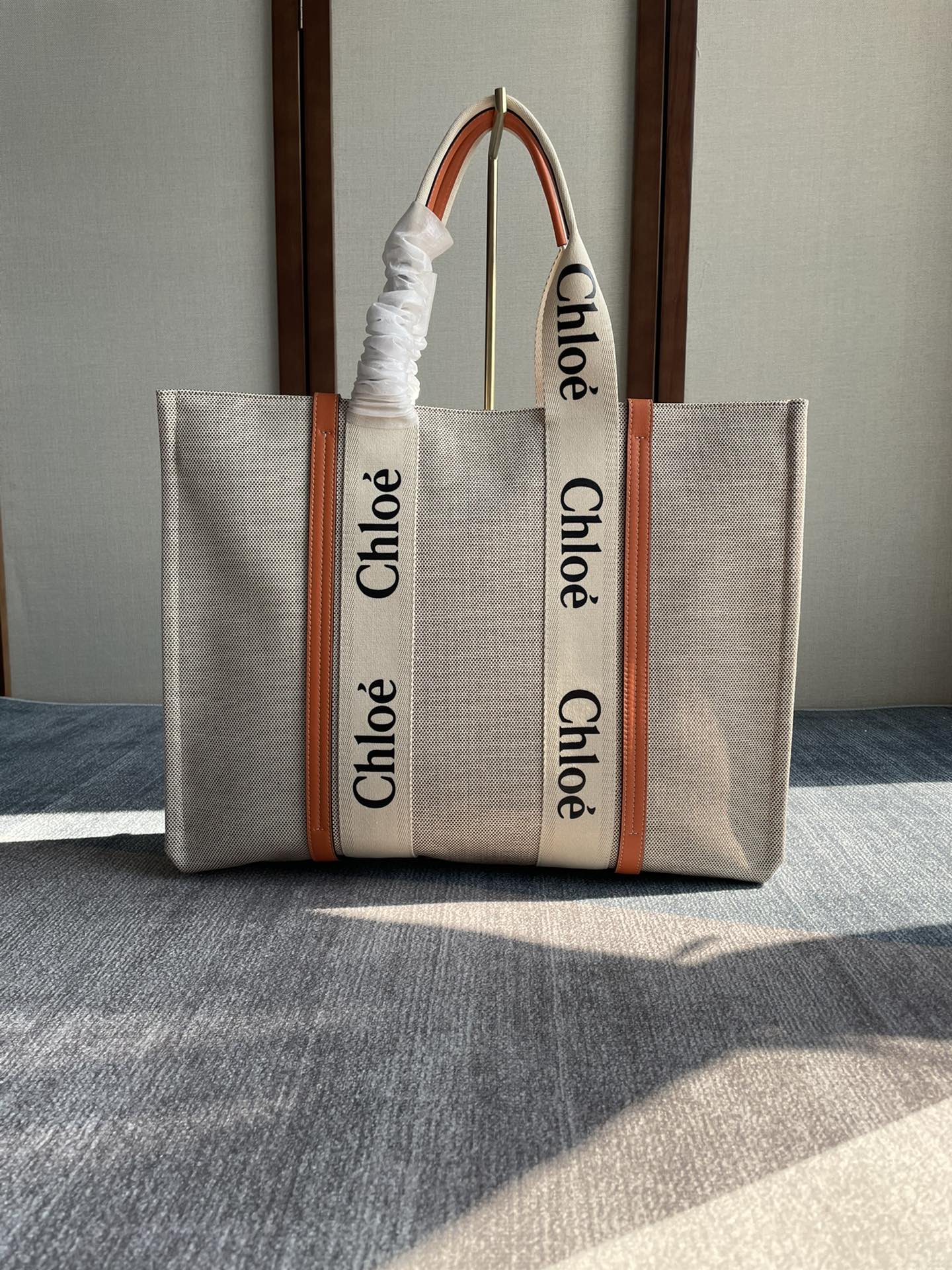 CHLOE Cotton Calfskin Medium Woody Ribbon Tote Terracotta