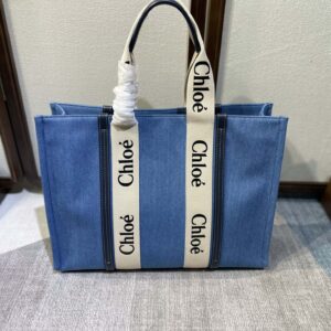 CHLOE Denim Shiny Calfskin Medium Woody Ribbon Tote
