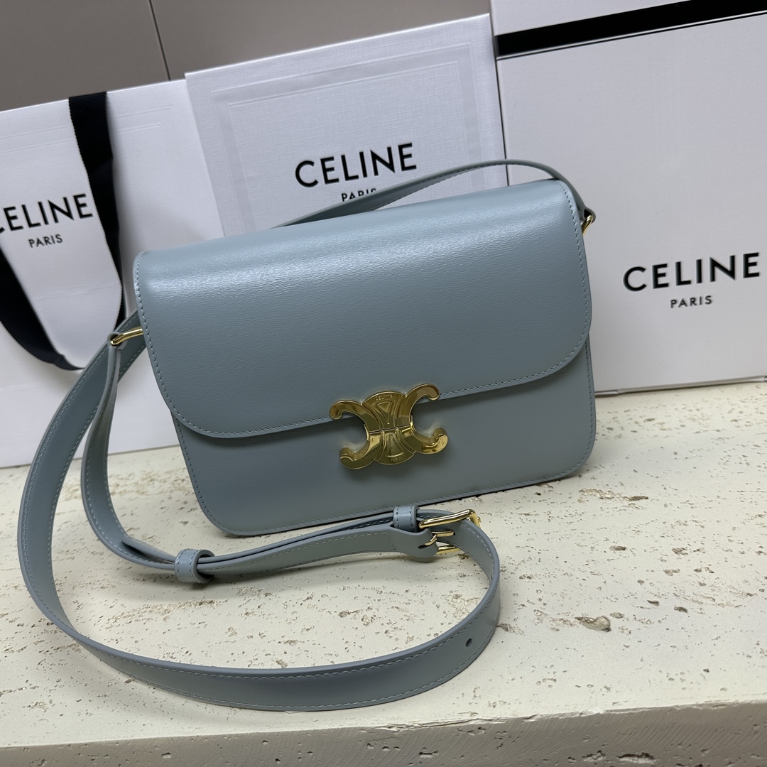 Celine Teen Triomphe Bag in shiny calfskin – PALE BLUE | CELINE
