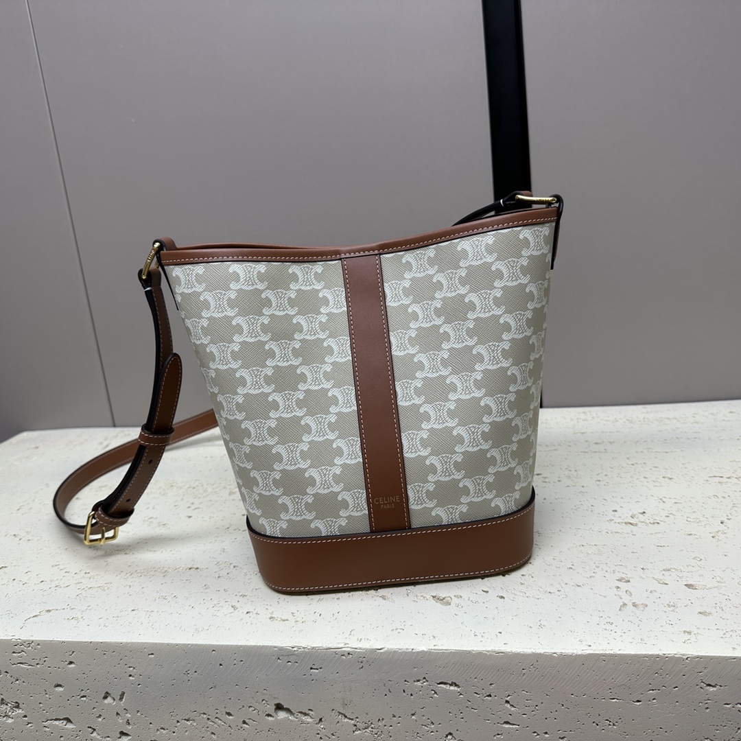 Celine Small Bucket IN Triomphe Canvas and calfskin – WHITE