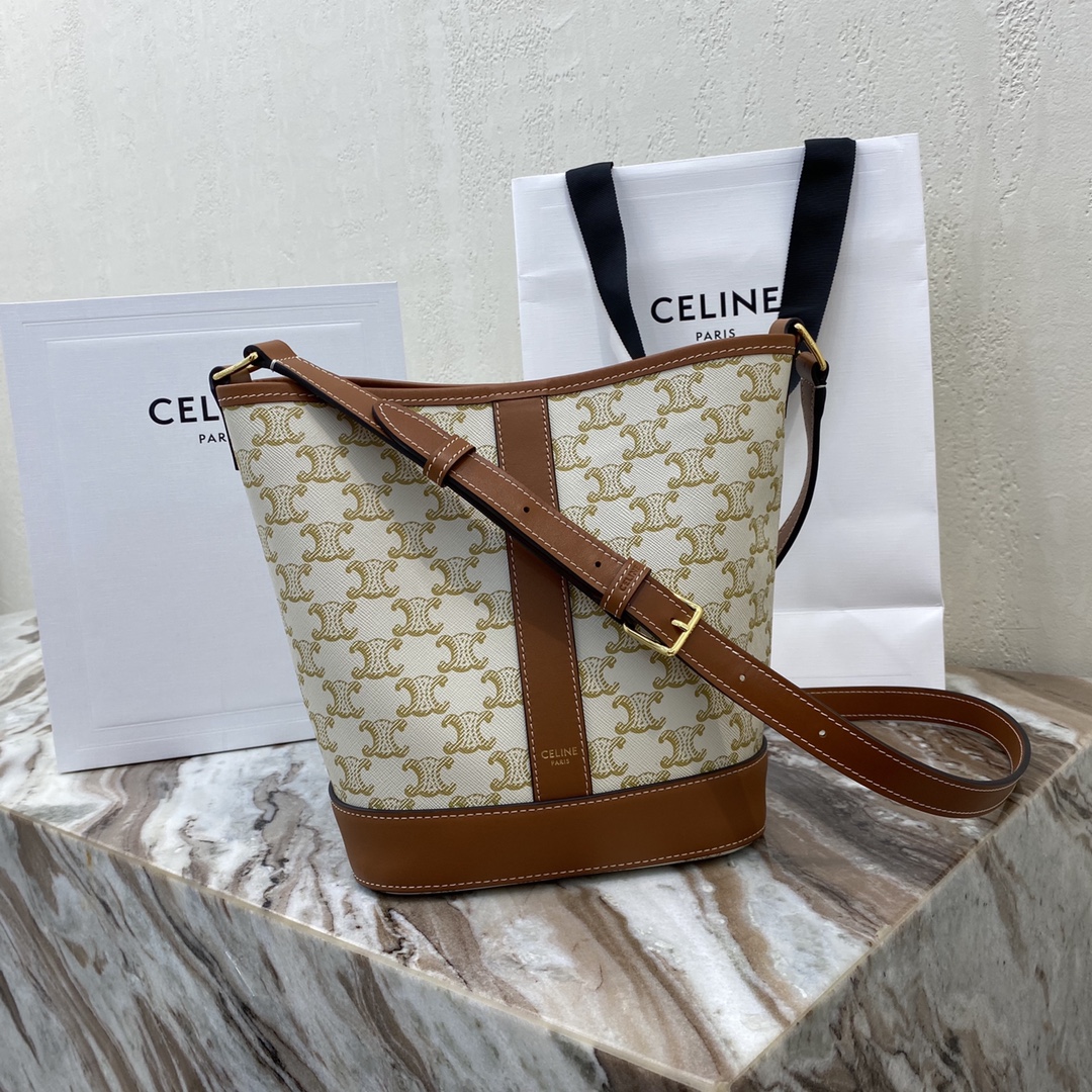 Celine Small Bucket IN Triomphe Canvas and calfskin – WHITE | CELINE