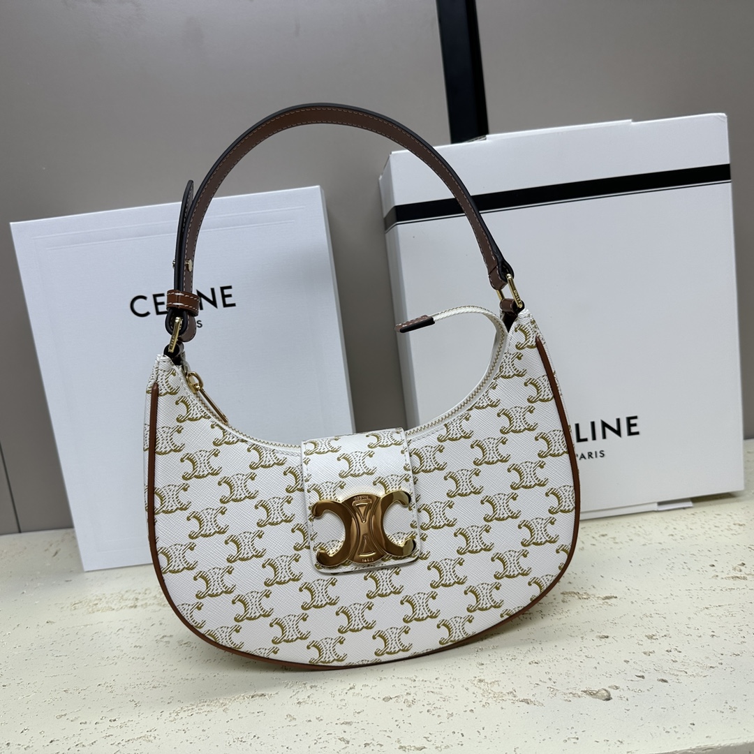 CELINE Canvas Calfskin Ava Triomphe Shoulder Bag White