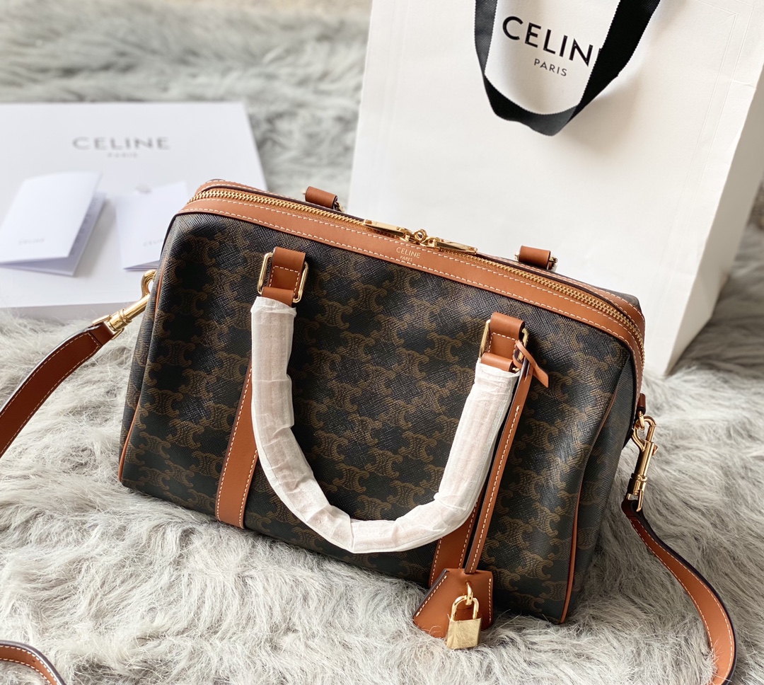 Celine Large Boston IN Triomphe Canvas and calfskin – TAN