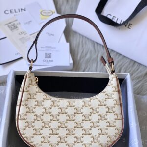 CELINE Canvas Calfskin Ava Triomphe Shoulder Bag White