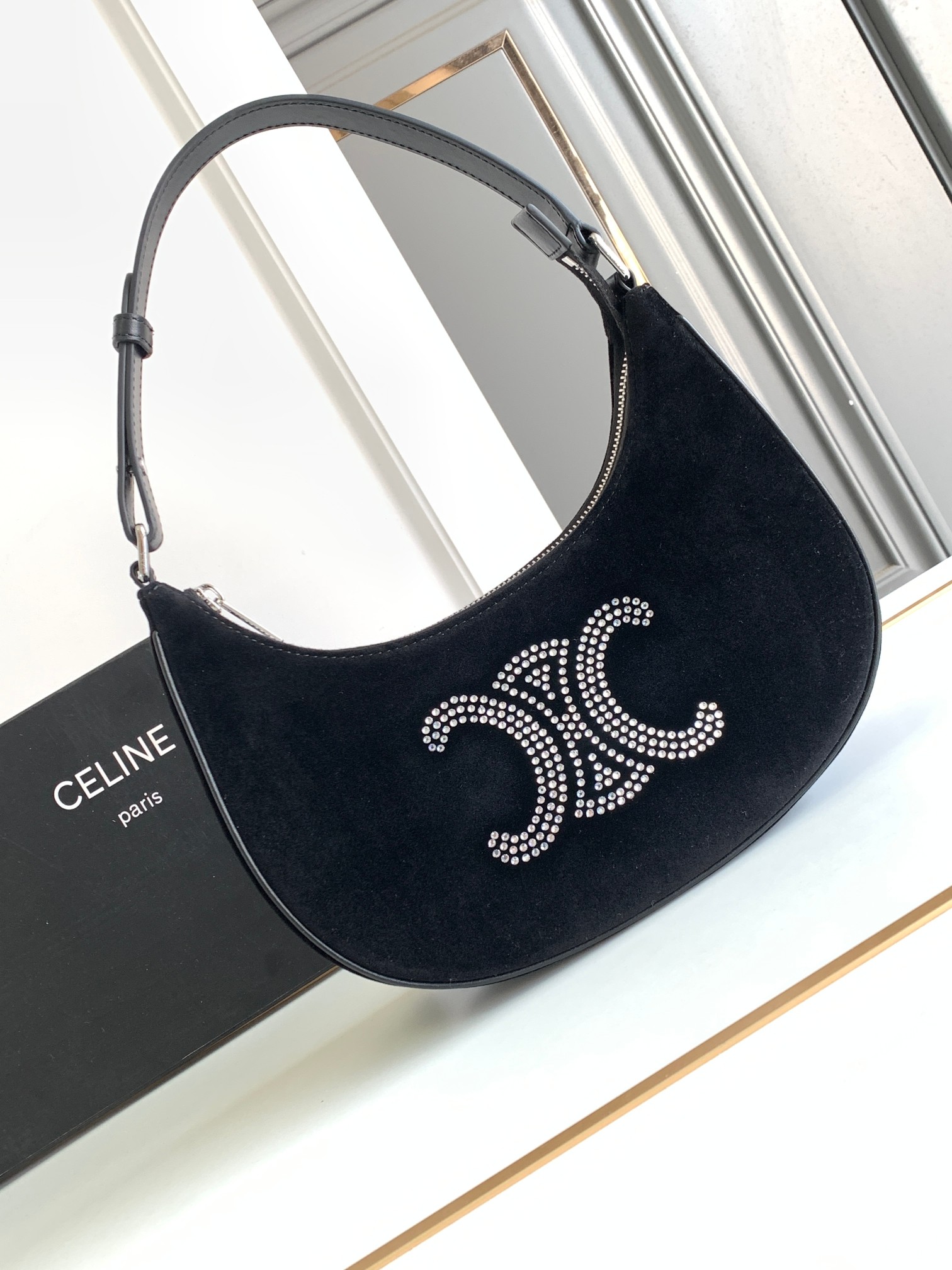 CELINE Velvet Strass Triomphe Ava Shoulder Bag Black