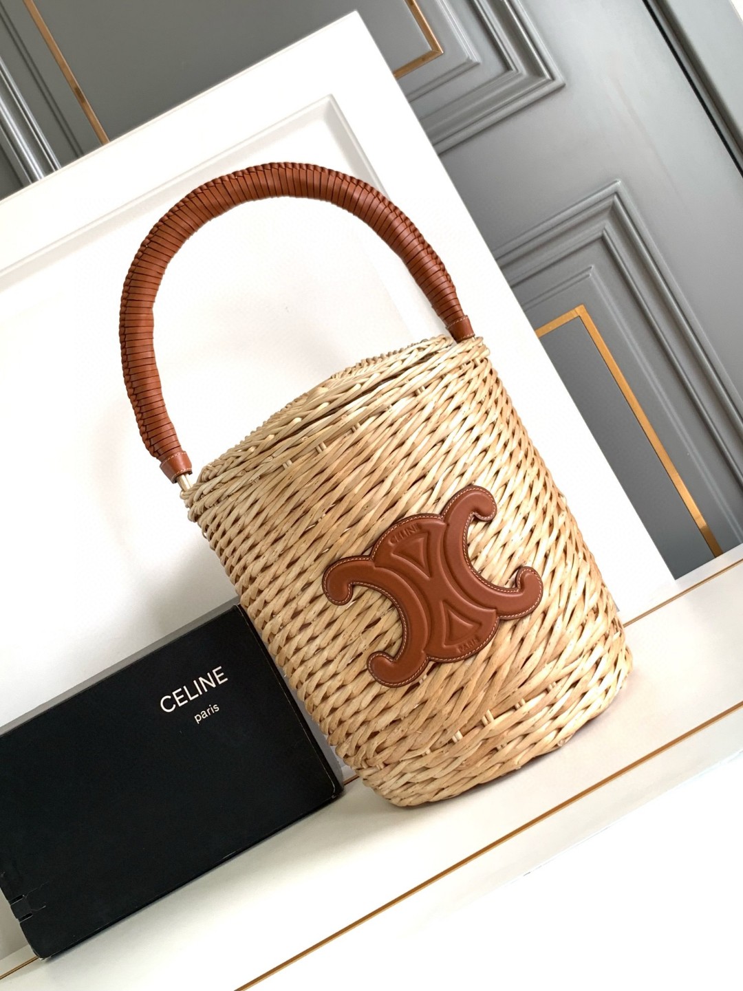 CELINE Logo Wicker & Leather Basket Tote