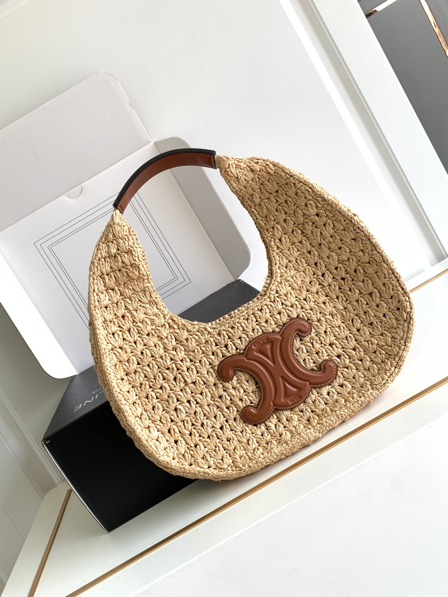 CELINE Raffia Calfskin Triomphe Panier Hobo Bag Natural Tan