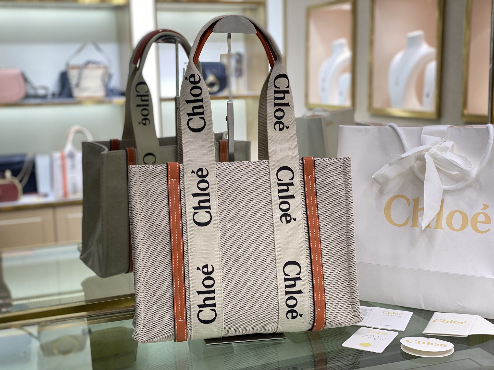 CHLOE Cotton Calfskin Medium Woody Ribbon Tote Terracotta