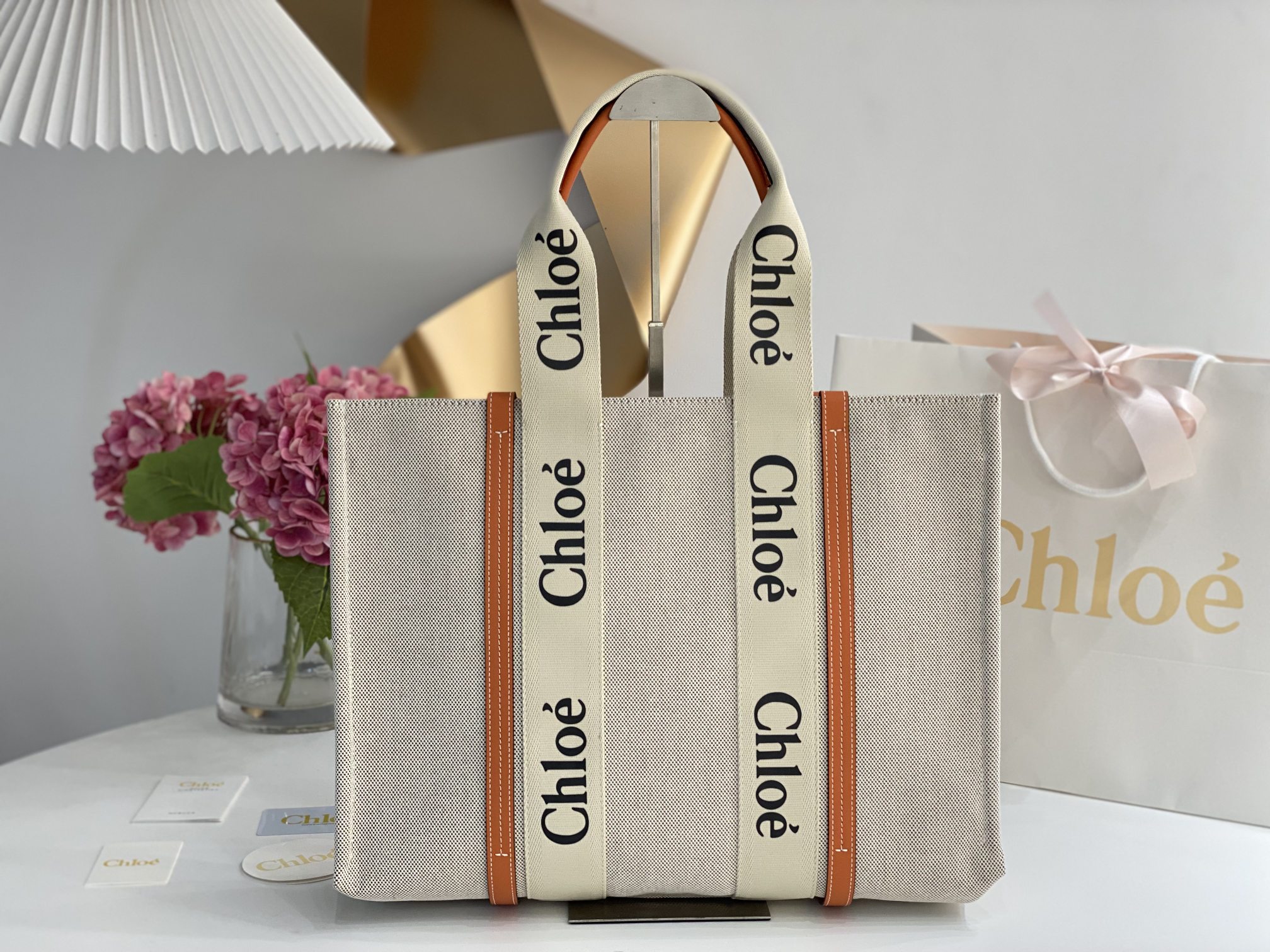 CHLOE Cotton Calfskin Medium Woody Ribbon Tote Terracotta Orange