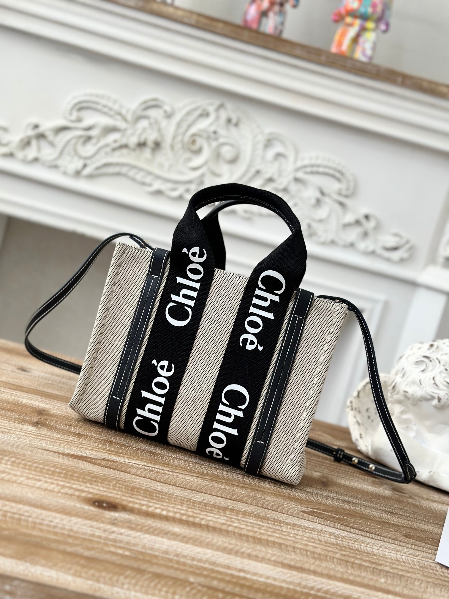 CHLOE Cotton Calfskin Small Woody Ribbon Tote With Strap