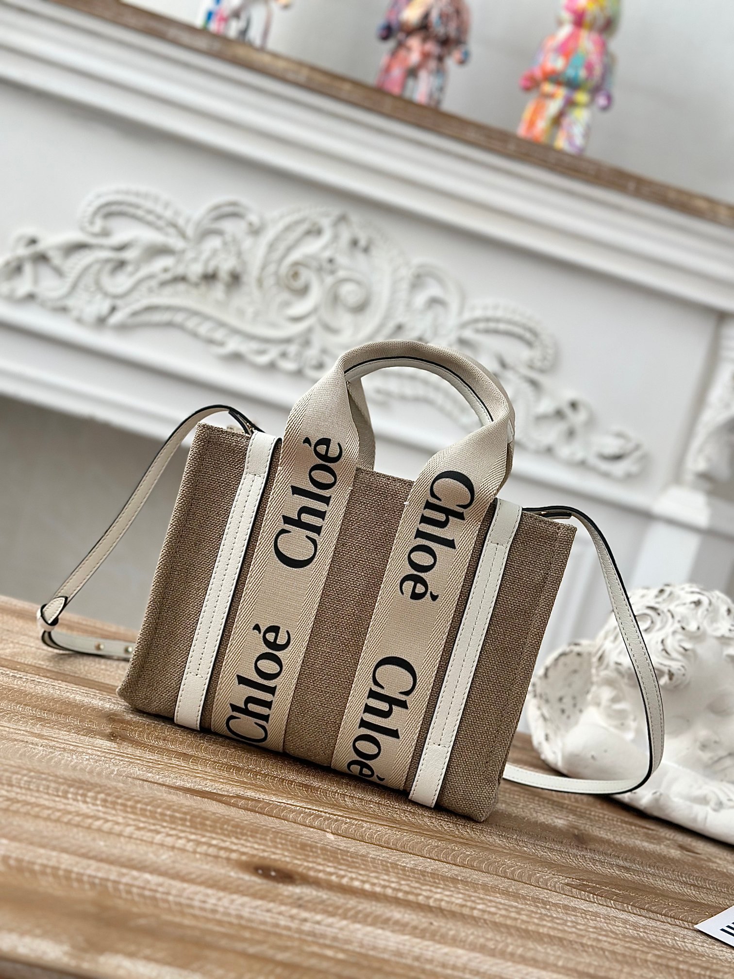 CHLOE Small Woody Tote Bag In Linen And Leather white