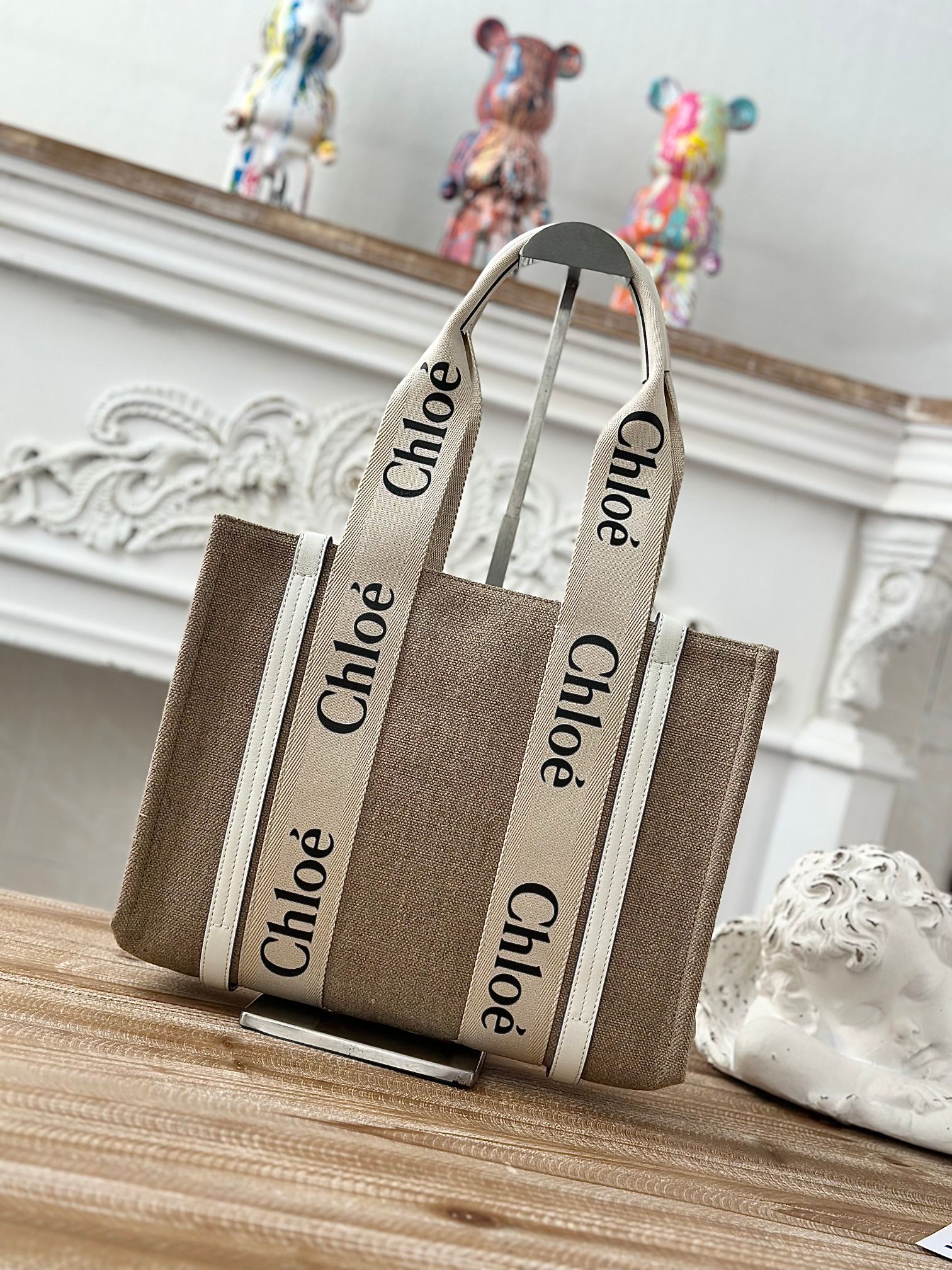Chloé Chloé Woody Tote Bag In Linen & Leather white| Chloé US
