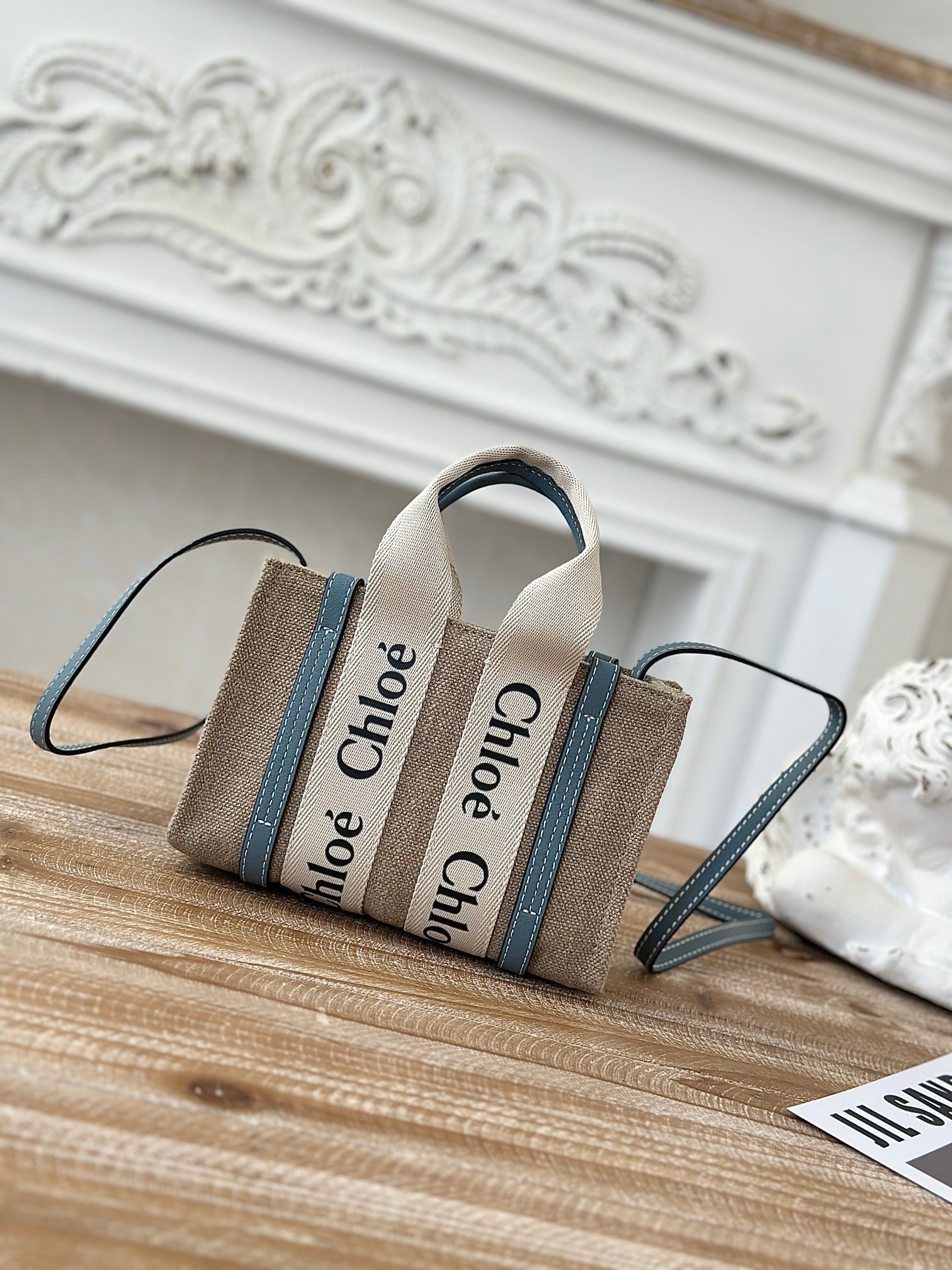Chloé Blue Woody Mini Tote Bag in Linen Canvas & Calfskin