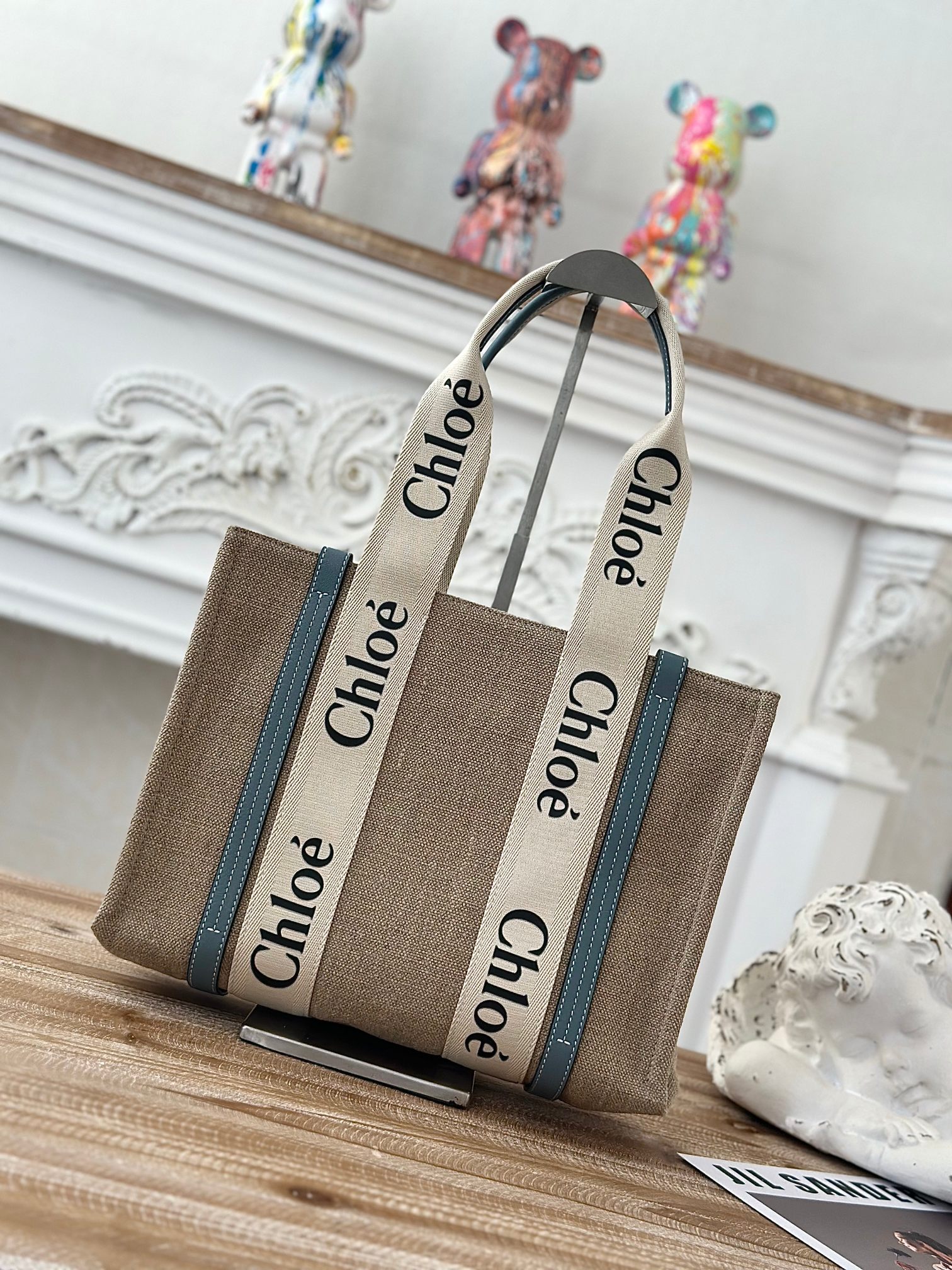 CHLOE Linen Calfskin Medium Woody Ribbon Tote White Light