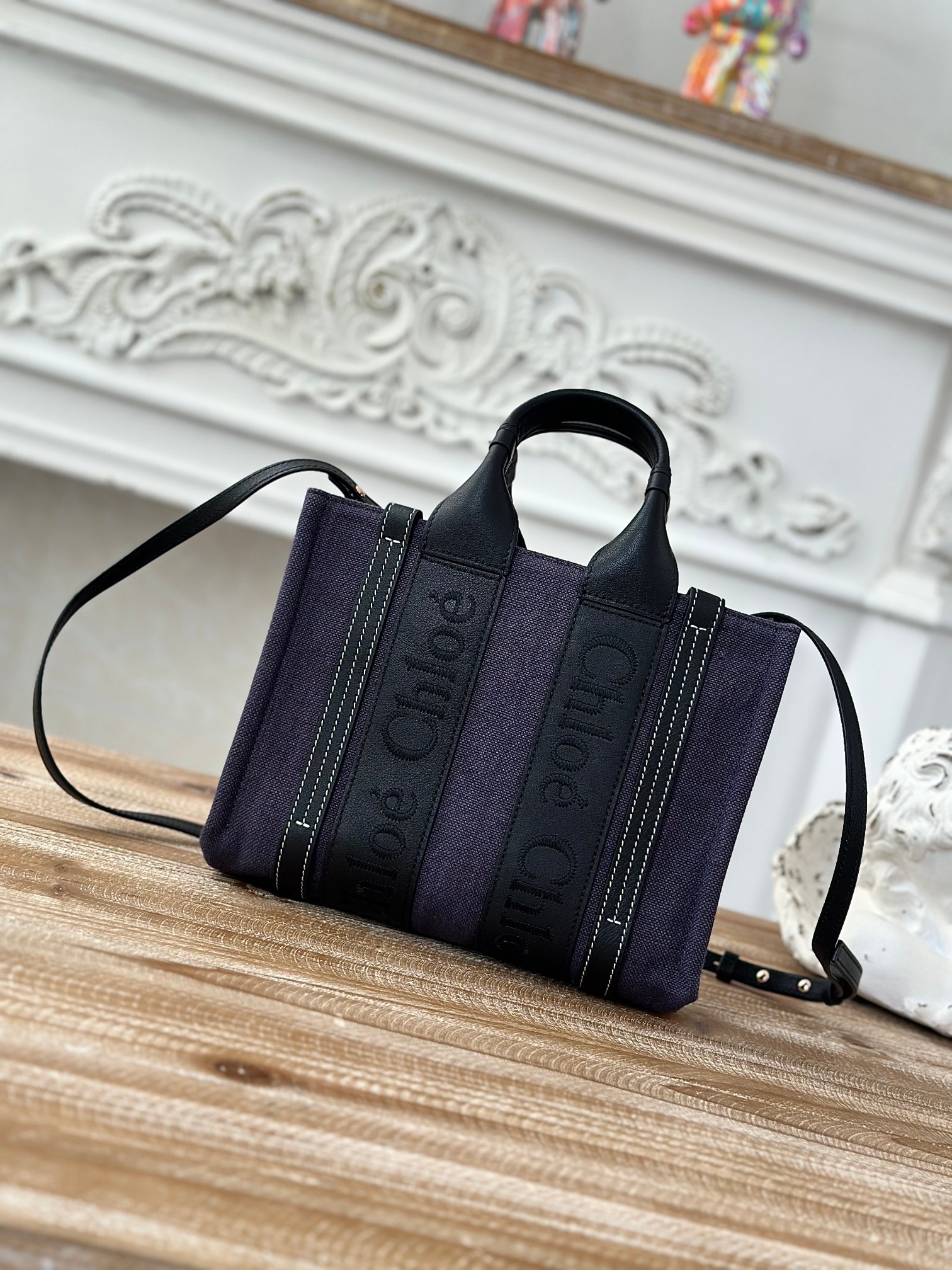 Chloe Small Woody Tote Shoulder Bag Blue Black Canva
