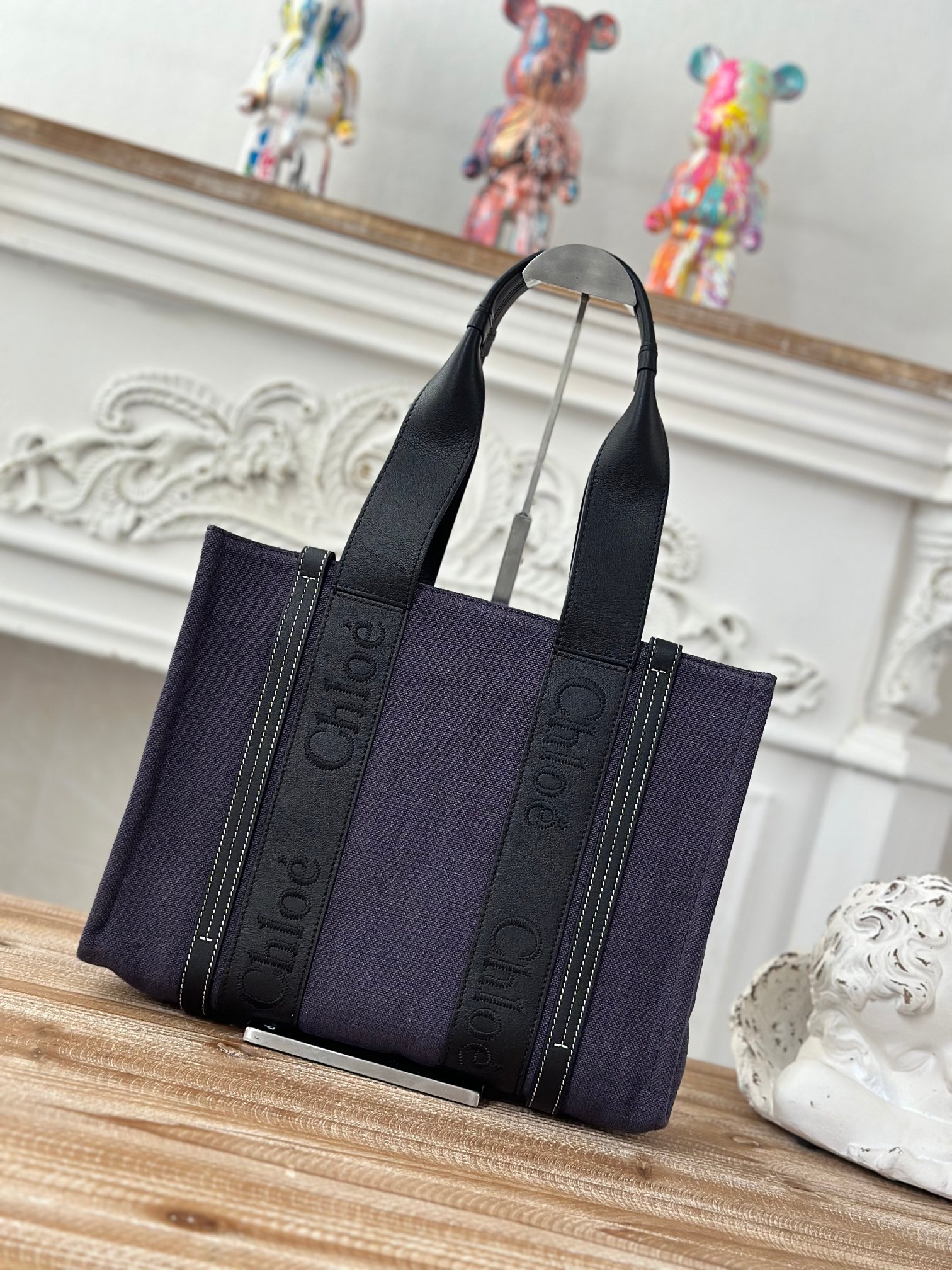 CHLOE Calfskin Linen Medium Woody Tote Deep Denim