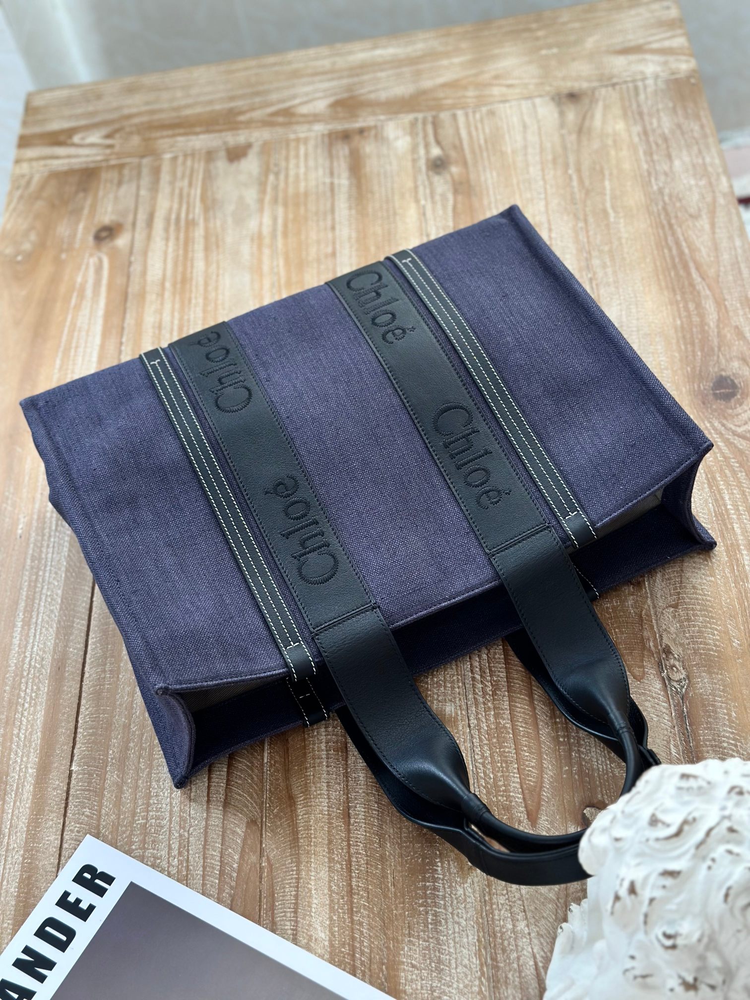 Chloé Chloe Medium Woody Tote in Blue Canvas and Black
