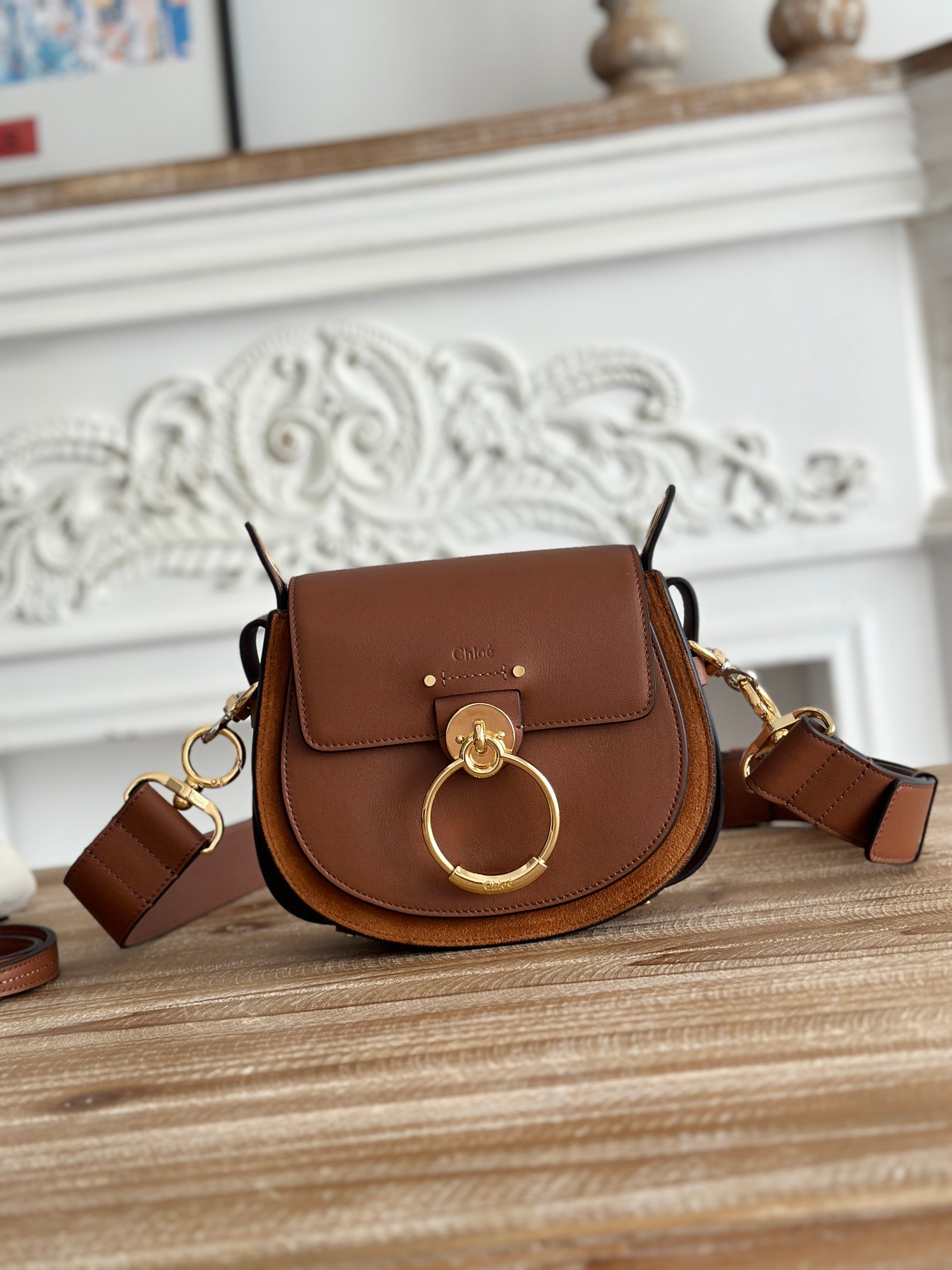 Chloé Chloé Small Tess Bag in Shiny & Suede Leather in Sepia brown