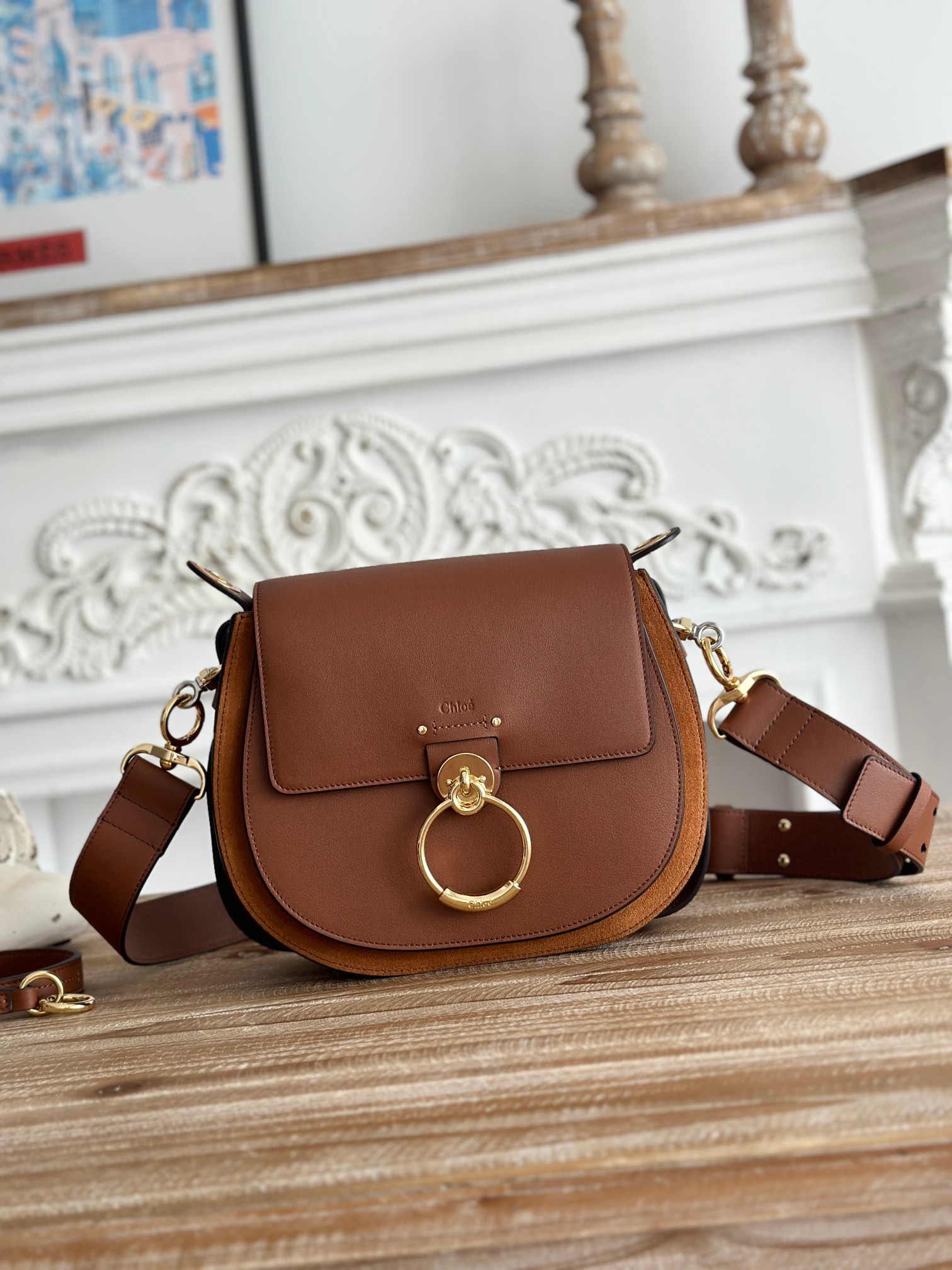 Chloé Small Tess Bag in Shiny & Suede Leather in Sepia brown