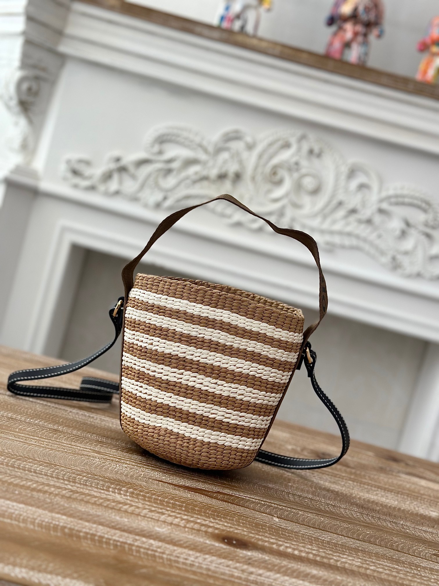 CHLOE Raffia Calfskin Small Woody Striped Basket Bag