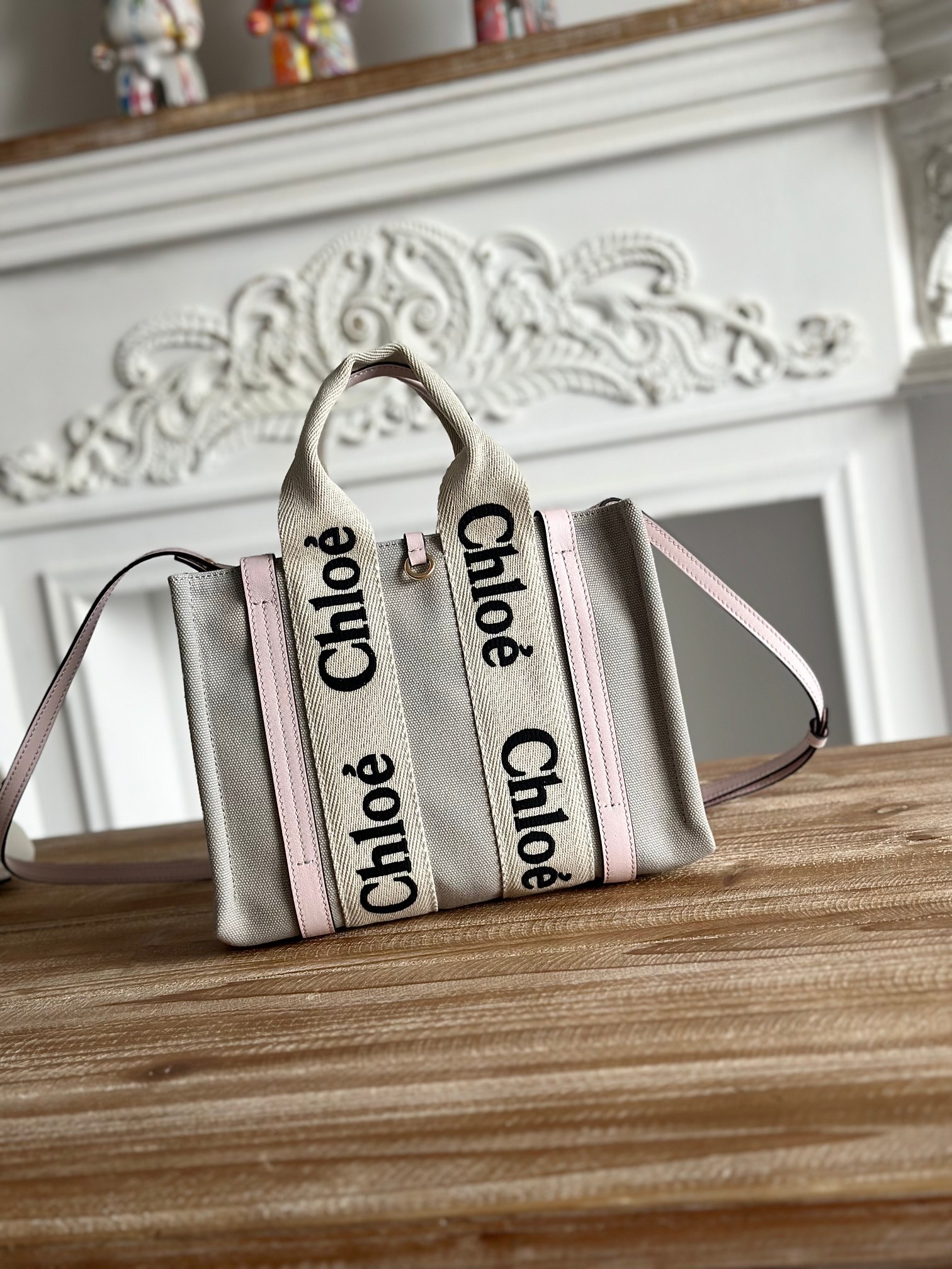 CHLOE Cotton Calfskin Small Woody Ribbon Tote With Strap