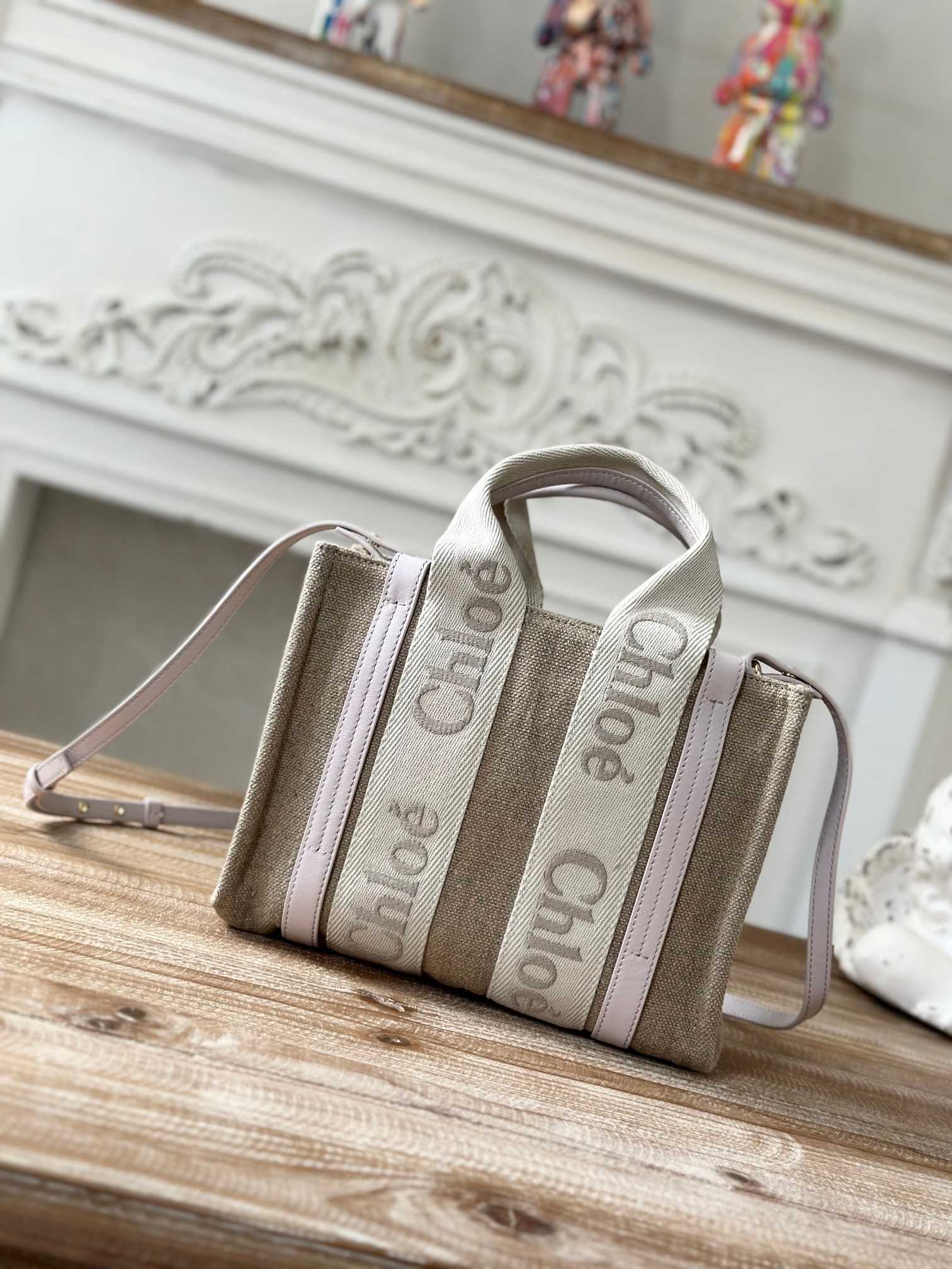 Chloé Woody Mini Tote Handbag Pink Leather Linen
