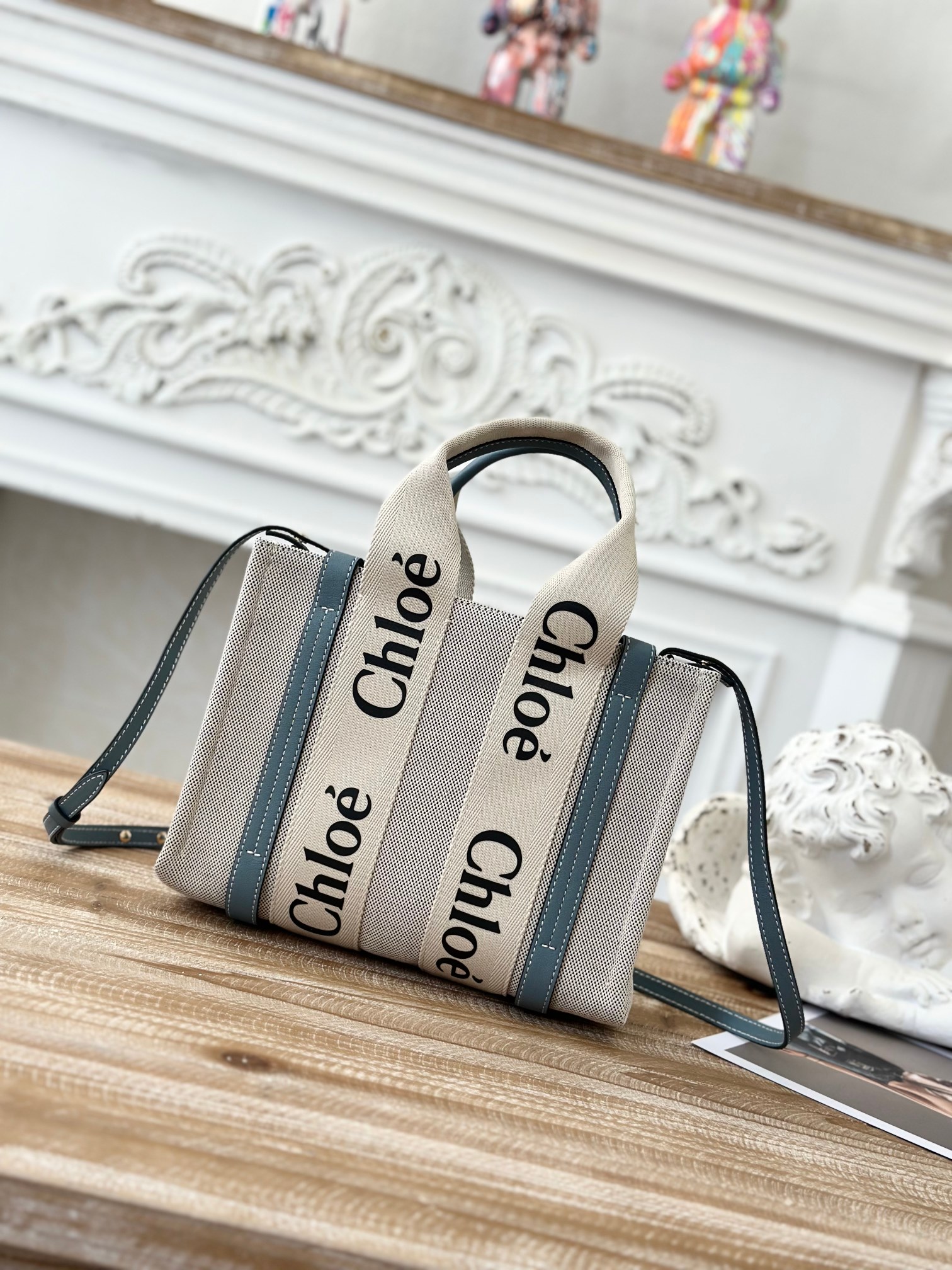 Chloé Chloe WOODY Small Tote Bag White/Blue Linen
