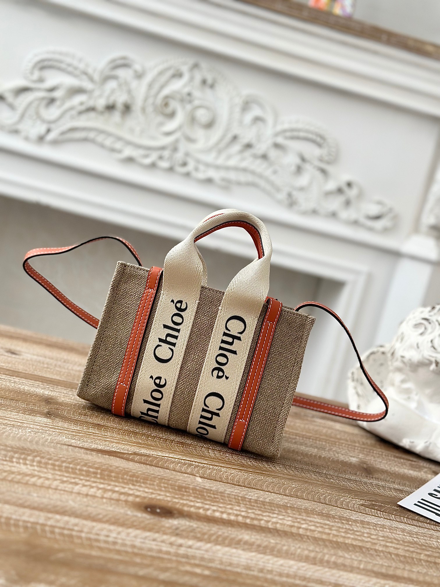 CHLOE Cotton Calfskin Mini Woody Ribbon Tote White Brown 1378256