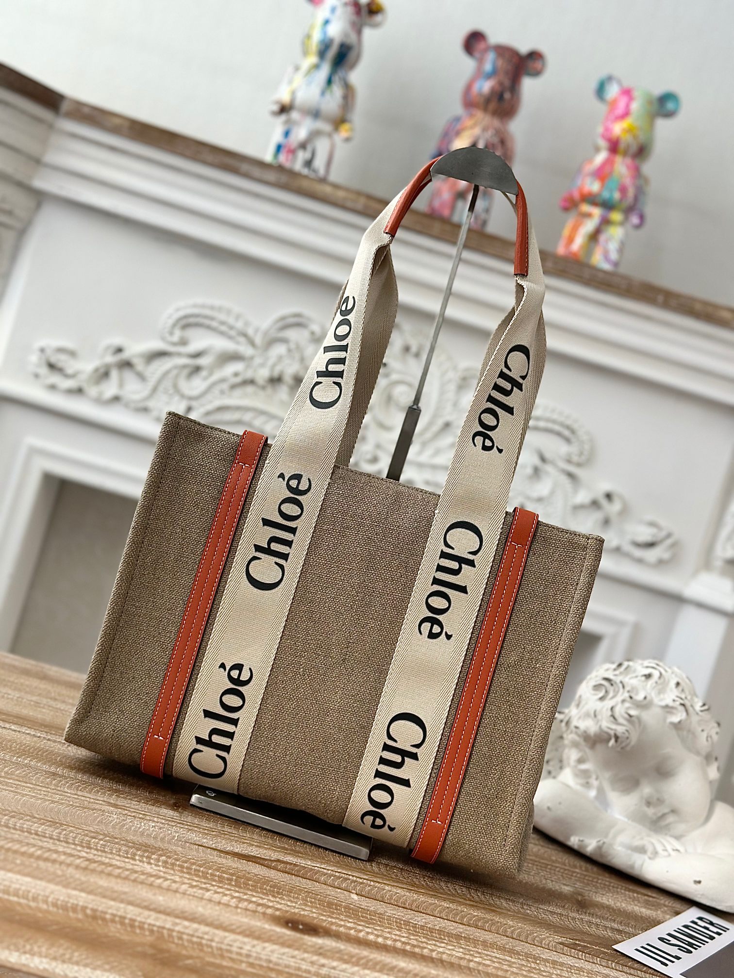 Chloé WOODY Medium Tote Bag Beige Orange Leather Linen